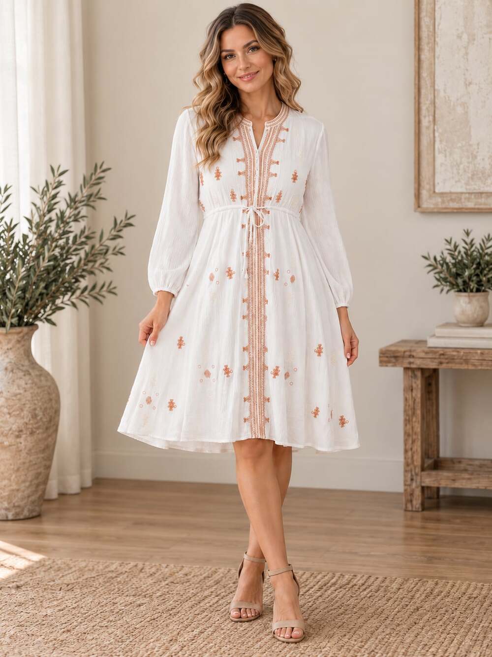 Stevie & Co White Embroidered V Neck Long Sleeve Boho Dress Lined Size S